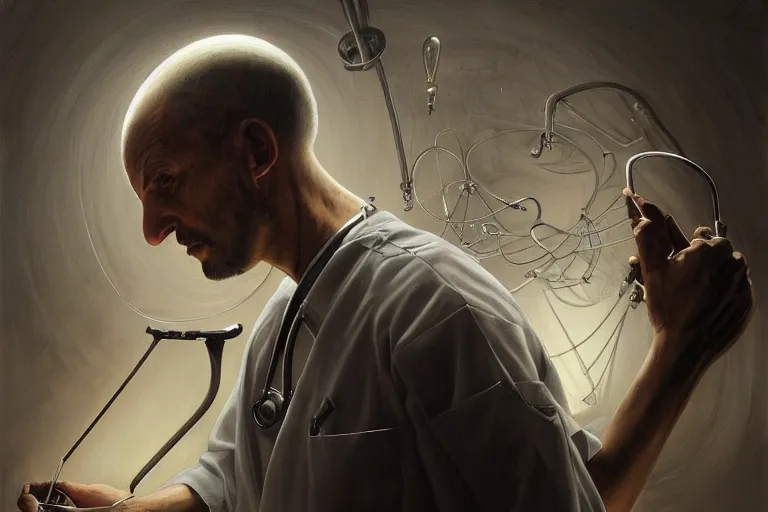 Prompt: painting of a surgeon, clear - lines, grim - lighting, high - contrast, intricate, elegant, highly detailed, centered, digital painting, artstation, concept art, smooth, sharp focus, illustration, artgerm, tomasz alen kopera, peter mohrbacher, donato giancola, joseph christian leyendecker, wlop, boris vallejo