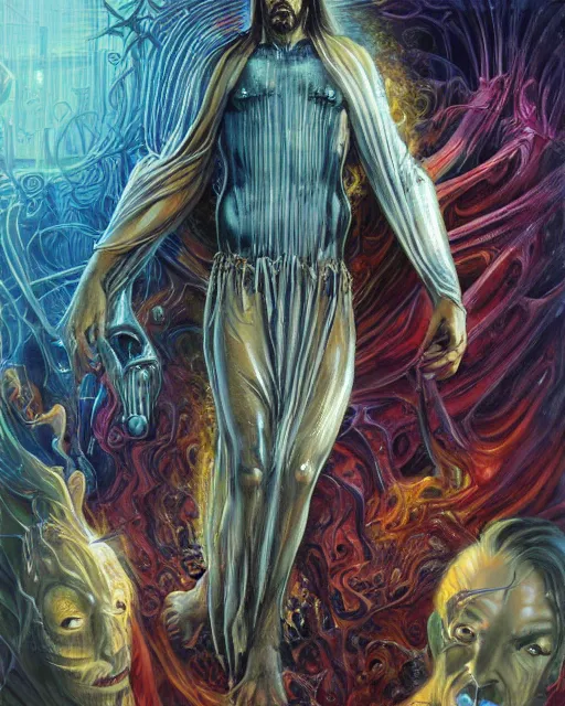 Prompt: jesus christ in a supermarket, by antonio j. manzanedo, giger, alex grey, android jones, wayne barlowe, philippe druillet, raymond swanland, cyril rolando, josephine wall, harumi hironaka, trending on artstation