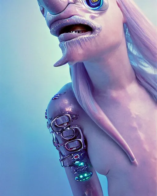 Image similar to natural light, soft focus portrait of a cyberpunk anthropomorphic narwhal with soft synthetic pink skin, blue bioluminescent plastics, smooth shiny metal, elaborate ornate head piece, piercings, skin textures, by annie leibovitz, paul lehr