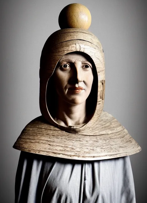 Prompt: realistic photo portrait of a a medieval wooden sculpture of a female monk dressed wearing in white spherical hat helmet made of wood, sci - fi, greyscale 1 9 9 0, life magazine photo, natural colors,
