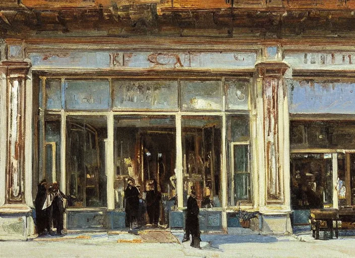 Image similar to artwork painting of the storefront front of a building by ivan shishkin, john singer sargent