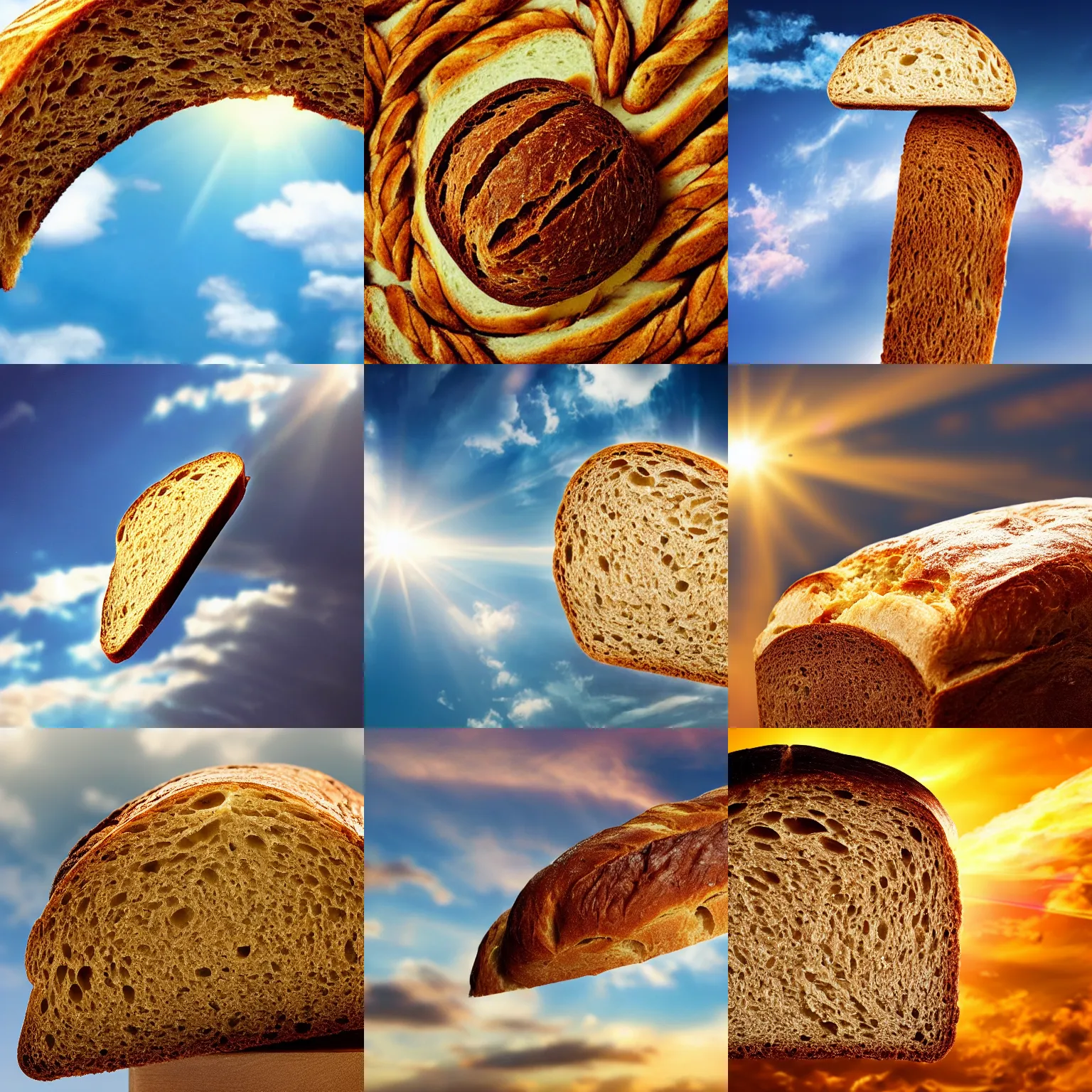 Prompt: slice of bread ascending to heaven, heavenly background, bread floating in sky