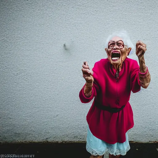 Image similar to elderly woman screaming at an alien, canon eos r 3, f / 1. 4, iso 2 0 0, 1 / 1 6 0 s, 8 k, raw, unedited, symmetrical balance, wide angle