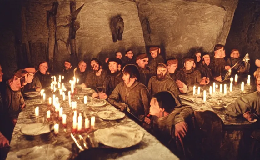 Prompt: Medieval soldiers in a Tavern sitting around a big dinner table with candles in the shining by stanley kubrick, shot by 35mm film color photography
