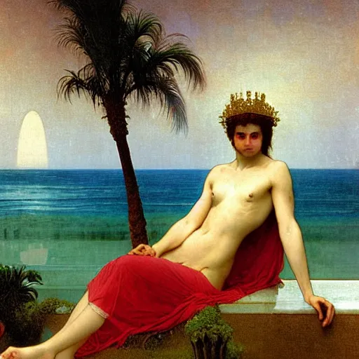 Image similar to blood dripping chalice at the palace, thunderstorm, greek pool, beach and palm trees on the background major arcana sky, by paul delaroche, alphonse mucha and arnold böcklin arnold böcklin hyperrealistic 8k, very detailed