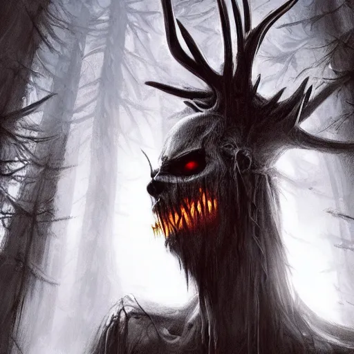 Prompt: A scary wendigo about to hunt a hunter in a dark forest, eerie, scary, horror, digital art, artstation, WLOP, Mandy Jurgens