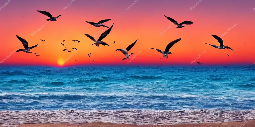 Prompt: seagulls flying over the ocean during the sunset as the sand twinkles, realistic