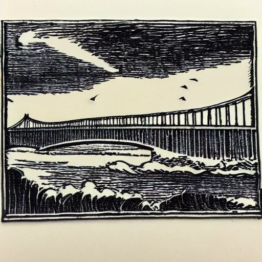 Image similar to small steel suspension bridge built in 1 9 2 8, side view, puffy clouds in background, seagulls floating in the sky, woodcut style, rubber stamp, 8 k