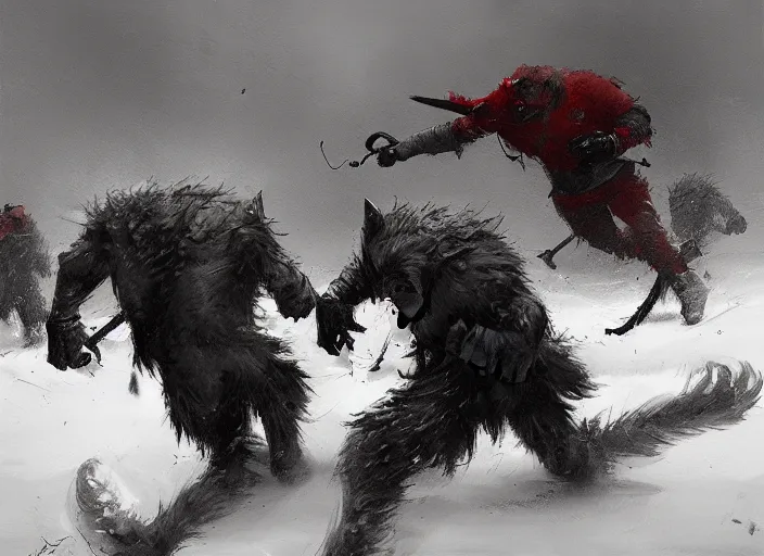 Image similar to jakub rozalski artstation, werewolves fighting in a snowstorm