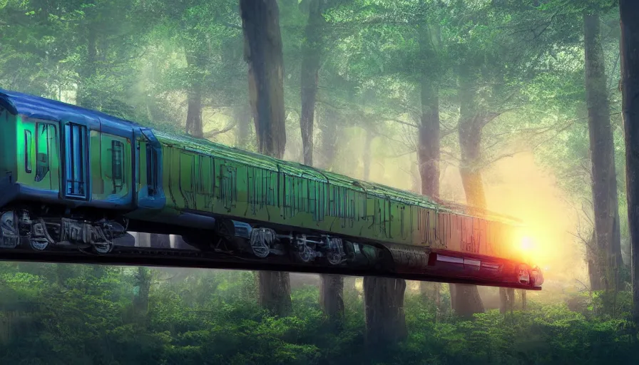 Prompt: futuristic cargo train driving through forest, matte painting, artstation, sunrise, blue sky, solarpunk