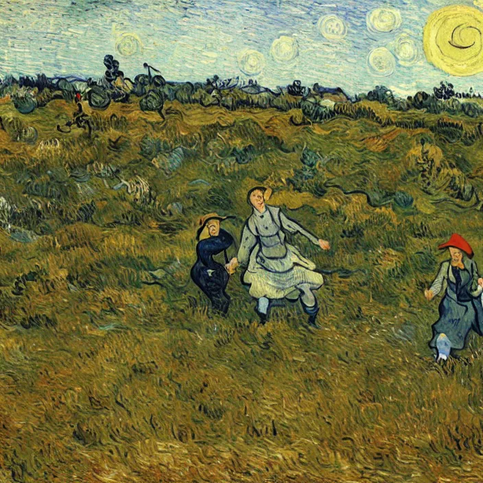 Image similar to adult man and woman playing on the open moorland, painting by van gogh