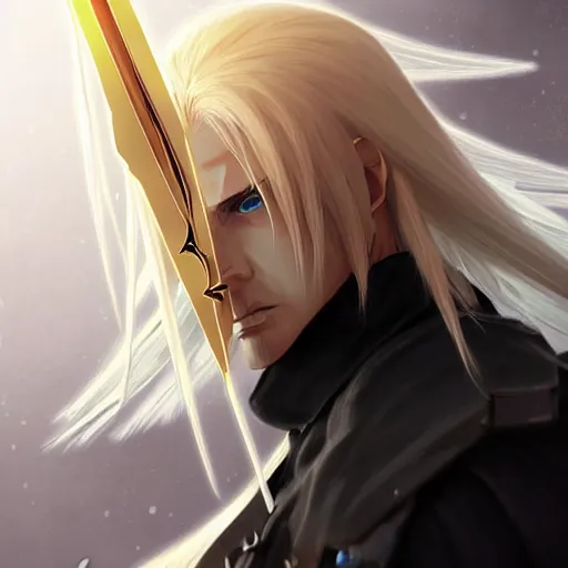 Image similar to digital art of a pale menacing Sephiroth with piercing eyes, gilded black uniform, he commands the fiery power of resonance and wrath, by WLOP, Artstation, CGsociety