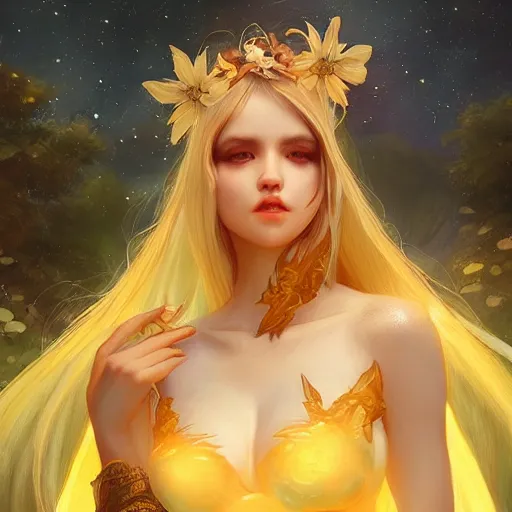 Prompt: beautiful fae princess in the moonlight with yellow robes, art by wlop and artgerm. extremely detailed, stunning 8 k resolution, trending on artstation