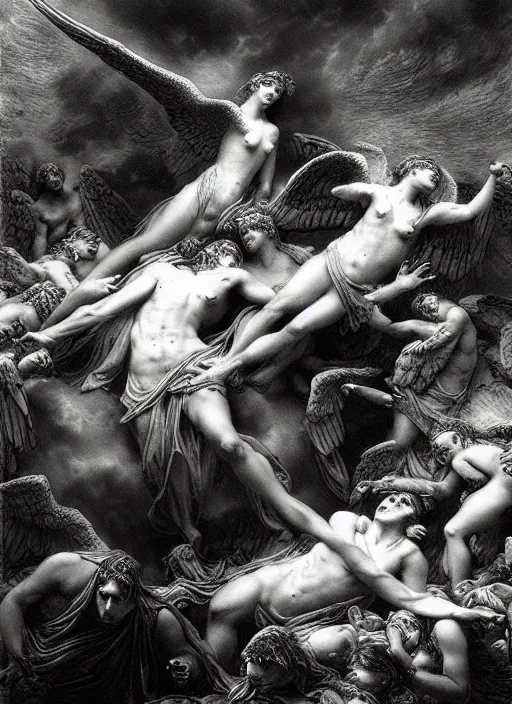 Image similar to fallen angels, epic scene, photorealistic, highly detailed, texture, soft light, dramatic, moody, ambient, painting by gustave dore