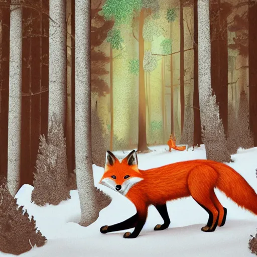 Image similar to a red fox and a ginger teen girl at dark forest where trees are huge, ultra realistic by ori toor and escher