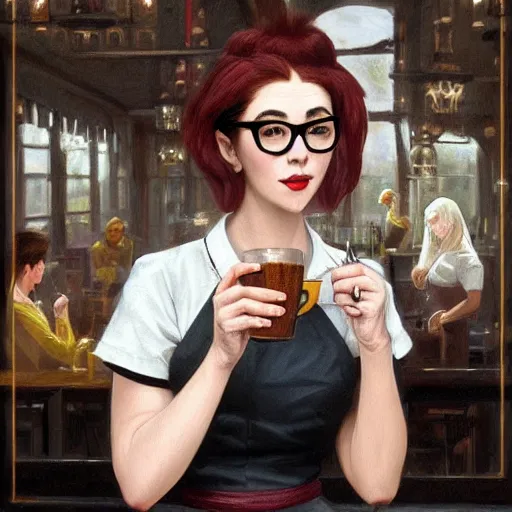 Prompt: an portrait of an female waitress with short sleeves and black gloves drinking some coffee, Red hair, glasses, beauty, lip gloss, fantasy, intricate, elegant, highly detailed, D&D, digital painting, artstation, concept art, matte painting, sharp focus, illustration, in the style of Greg Rutkowski and Alphonse Mucha and artemisia, 8k,