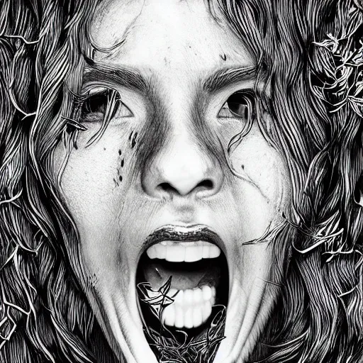 Prompt: Copper engraving of a woman screaming, ivy creeping around her face, artstation, intricate, 8k, award-winning