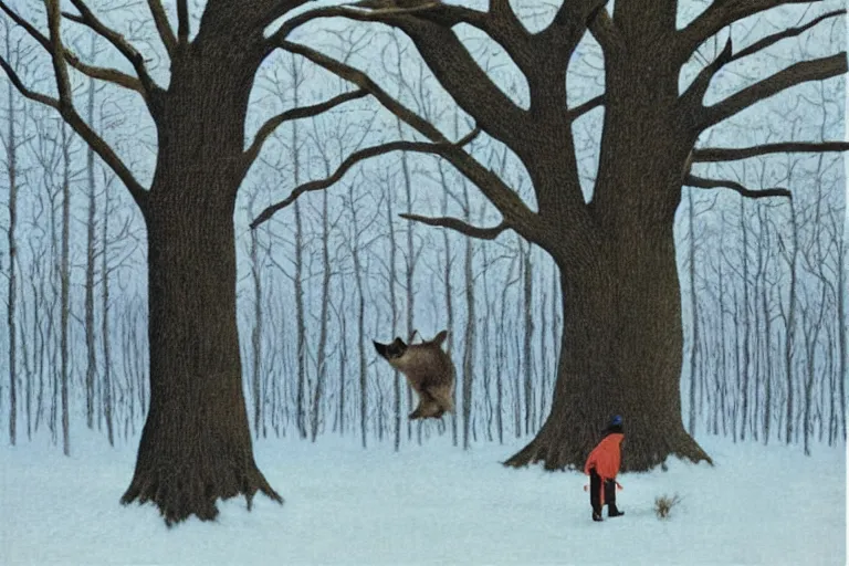 Image similar to torn mittens of the frostbitten hunter, leaning against the oak - tree and had almost fallen asleep when a clattering of hoofs awakened him, a snowdrop alex colville painting