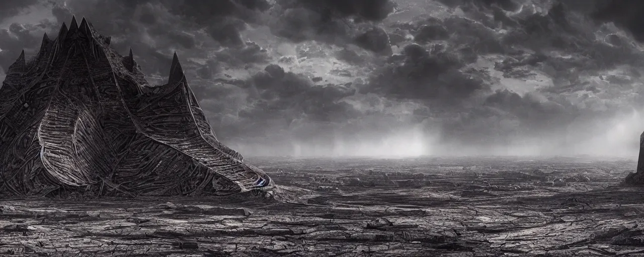 Prompt: a large ominous and geometric like large alien structure built on a barren dry land with an epic cloud formation on the background by HR GIger, Dariusz Zawadzki, Neil blevins, Feng Zhu, gustave doré, zhuoxin ye, very detailed, octane render, 8k, oranate and brooding, scary and dark, canon 24mm lens