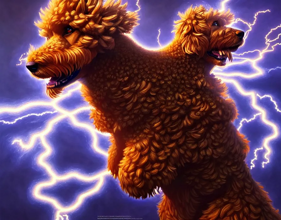 Image similar to an epic painting of a male anthropomorphic brown goldendoodle fursona as zeus, shooting lightning bolts from his paws, by alex grey and greg rutkowski, intricate details, artstation, furry, cinematic, hd, beautiful