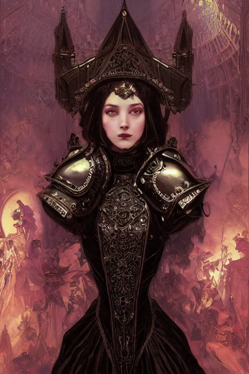 Image similar to beautiful victorian and luxury and goddess and gothic female medieval Black armor knight portrait+shiny eyes+front face with light flowing hair, ultradetail face, ruined gothic cathedral, art and illustration by tian zi and craig mullins and WLOP and alphonse mucha, ssci-fi, fantasy, intricate complexity, human structure, hypermaximalist, fantasy character concept, dynamic lighting, neon light, watermark, blurry, hyperrealism 8k