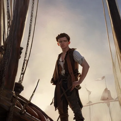 Image similar to tom holland as a pirate, standing on the mast, fine face, face focused, fine detailed face, long hair, realistic shaded lighting poster by greg rutkowski, cinematic lighting, sharp focus, highly detailed attributes and atmosphere