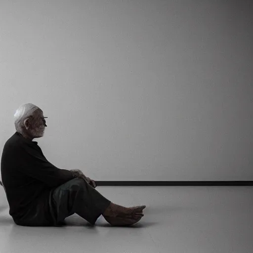 Image similar to a full shot of an old man sitting in the corner of a dimly lit room