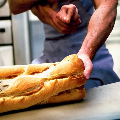 Image similar to closeup portrait baker constricted by a baguette as he tries to fight it back into the oven, by Steve McCurry and David Lazar, natural light, detailed face, CANON Eos C300, ƒ1.8, 35mm, 8K, medium-format print