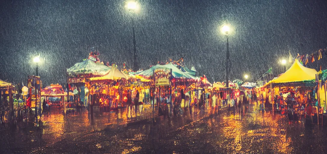 Image similar to Look of Small outdoor carnival, rain, night, noire tents, digital art, 8k, moody details