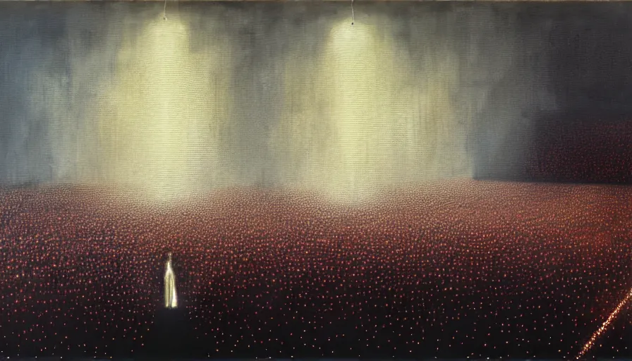 Image similar to detailed painting of rick owens fashion show, exterior, floral ornaments, volumetrics lights, beam of bright lights through the clouds, beksinski, bougeureau