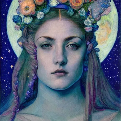 Prompt: queen of the moon with stars in her hair, by annie swynnerton and tino rodriguez and nicholas roerich and jean delville and donato giancola, dramatic lighting, floral tattoos, rich colors, smooth sharp focus, extremely detailed, adolf wolfli