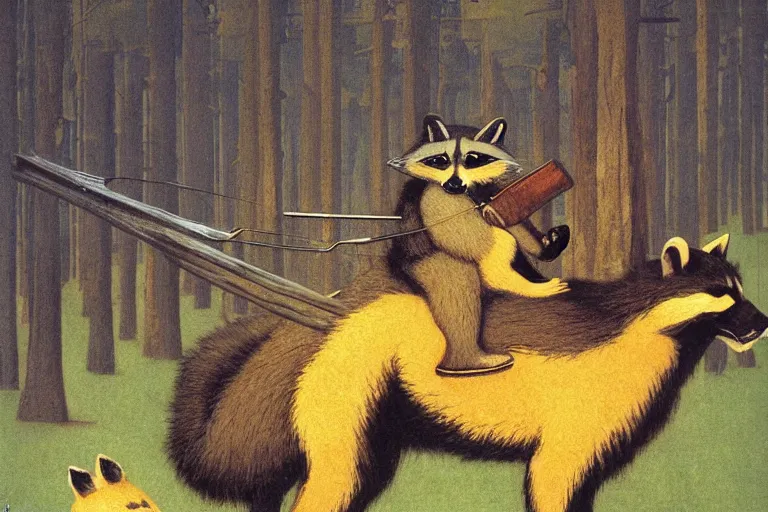 Prompt: a raccoon horseback riding on an oversized fox through a forest, digital art, furry art, glowing with silver light, illustration by jean - leon gerome, by winsor mccay, today's featured photograph, 1 6 k, character design, realistic, detailed