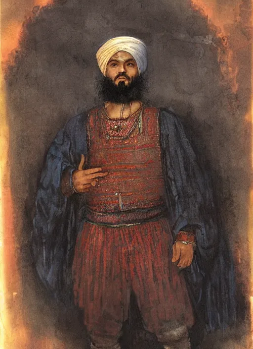 Prompt: middle ages middle eastern colored clothing, wearing a turban, middle aged man, dark complexion, short well trimmed beard, 3 / 4 portrait, nebula aura surrounding object, futuristic looking, head and full body view, rembrandt art style, realistic art style