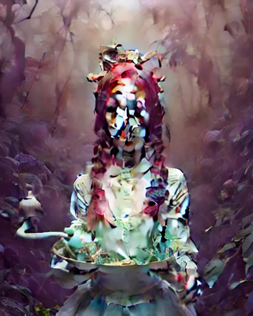 Image similar to highly detailed surreal vfx portrait of a alice in a wonderland, stephen bliss, unreal engine, greg rutkowski, loish, rhads, beeple, makoto shinkai and lois van baarle, ilya kuvshinov, rossdraws, tom bagshaw, alphonse mucha, global illumination, detailed and intricate environment