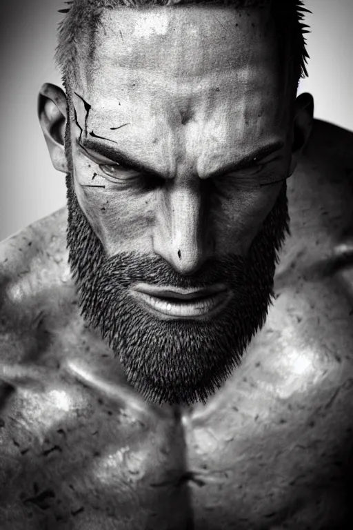 Image similar to a single muscular man wearing torn clothes, looking to the right, profile picture, hyperrealistic, concept art, octane render, unreal engine 5, trending on artstation, high quality, highly detailed, 8 k, dramatic lighting, cinematic, high coherence, anatomically correct, five fingers, digital art, seductive, black and white, big beard, epic