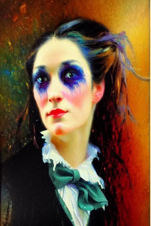 Image similar to impressionist brushstrokes!!!! lisa frank and richard schmid and jeremy lipking victorian loose genre loose painting full length portrait painting of a victorian vampire