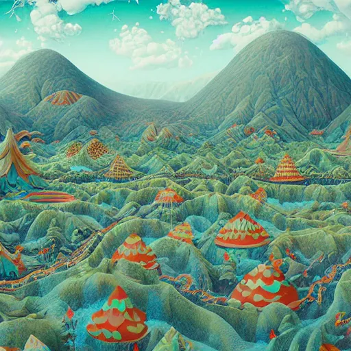 Image similar to inflatable landscape with forest, river and mountains floating swarm of presents dreams and wishes , concept art, huge scale, high detail, sci fi by James Jean