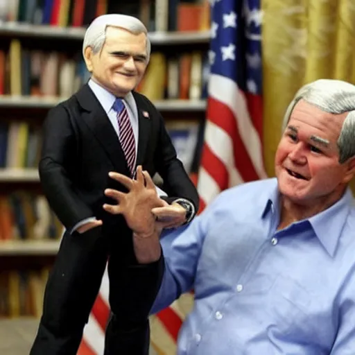 Prompt: Newt Gingrich holding a George W. Bush action figure. AP photo.