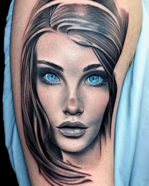 Image similar to tattoo design sketch of a beautiful blue - eyed woman face with a faded background of beautiful mountains on her side, hyper - realistic, in the style of den yakovlev, amazing detail, black and white