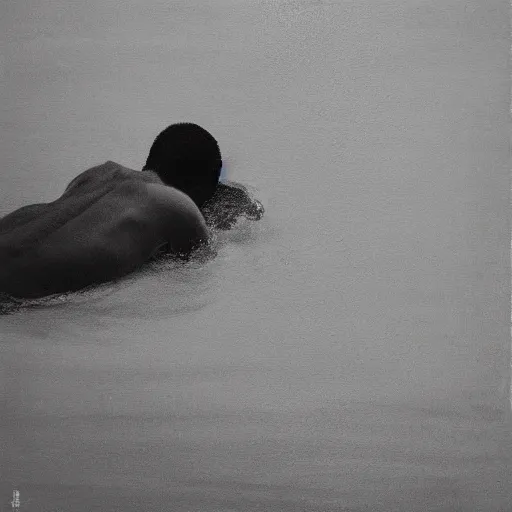 Prompt: “man floating in the ocean, black and white, Japanese painting, large strokes of water, heavy detail, 8k”