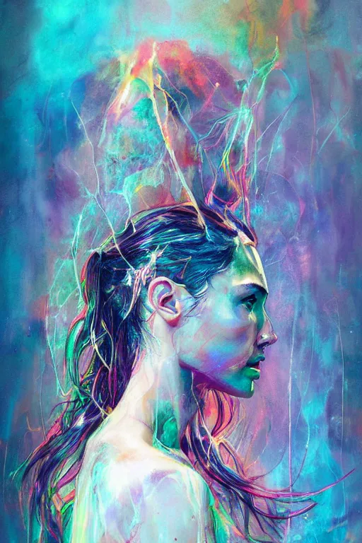 Image similar to gal gadot by agnes cecile enki bilal moebius, intricated details, 3 / 4 back view, full body portrait, extremely luminous bright design, pastel colours, drips, autumn lights