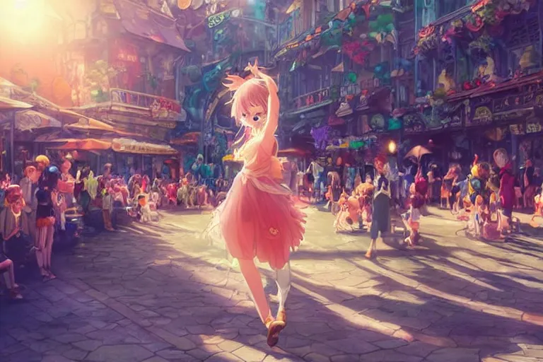 Image similar to Digital anime art by WLOP and Mobius, Town square, a dancing girl performs, happy smile, coins around her feet, large crowd, highly detailed, bright sunshine and lighting