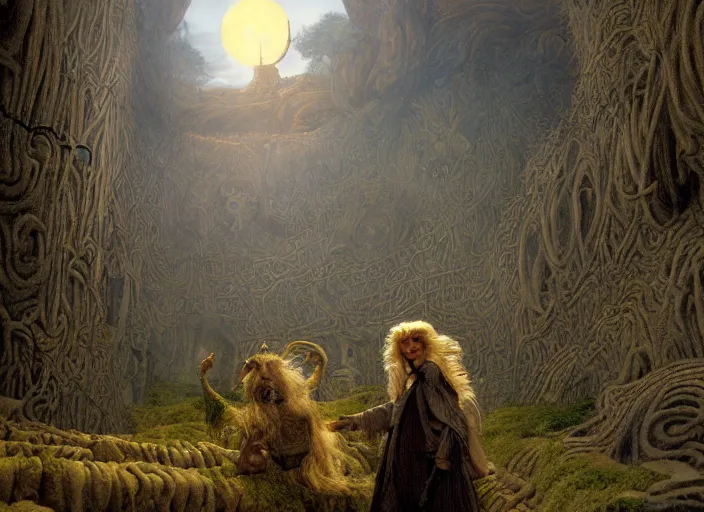 Image similar to jim henson's labyrinth at dawn. the maze of stone corridors is spread out over the hills surrounding the goblin king's castle by edgar maxence and caravaggio and michael whelan and delacroix style, artistic, intricate painting, cinematic lighting, hyper realistic, extremely detailed, establishing shot, 8 k resolution, dramatic lighting