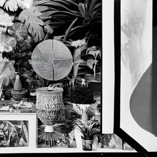 Image similar to A black and white photography of an exhibition space with objects of Sun Ra, Marcel Duchamp and tropical plants, 60s, offset lithography print, close up shot