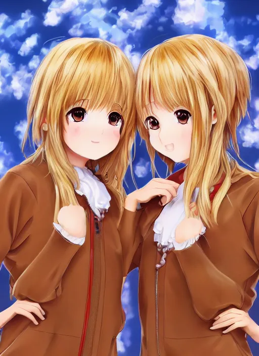 Image similar to highly detailed art of one blonde and one brown haired anime girl in onesies pressed against each other looking at us, detailed eyes, happy, excited, digital art, cute, anime, detailed faces, well drawn faces, cute faces, 8 k, trending on artstation, official media