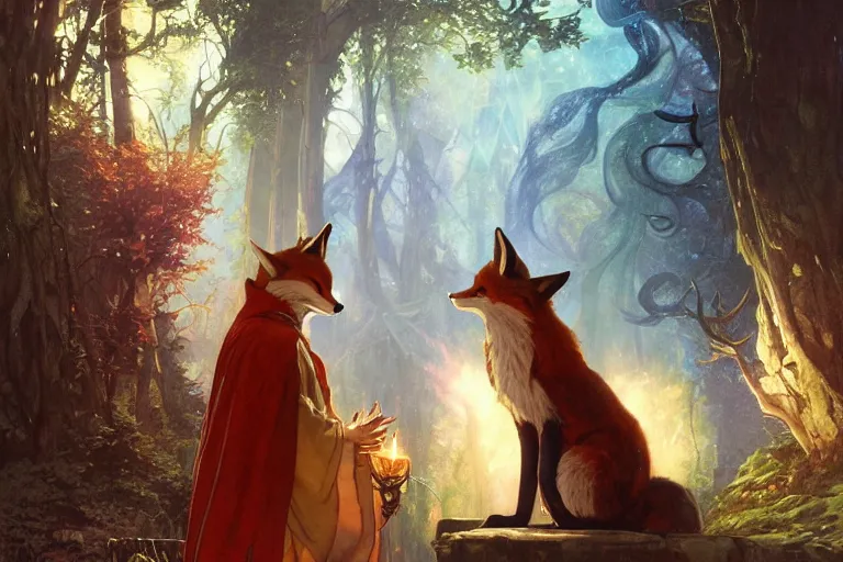 Image similar to an anthropomorphic fox wizard wearing long flowing robes teaches his apprentice a new magical spell in front of a magical gateway to another universe, illustration by greg rutkowski, thomas kindkade, alphonse mucha, loish, norman rockwell, artstation, furaffinity