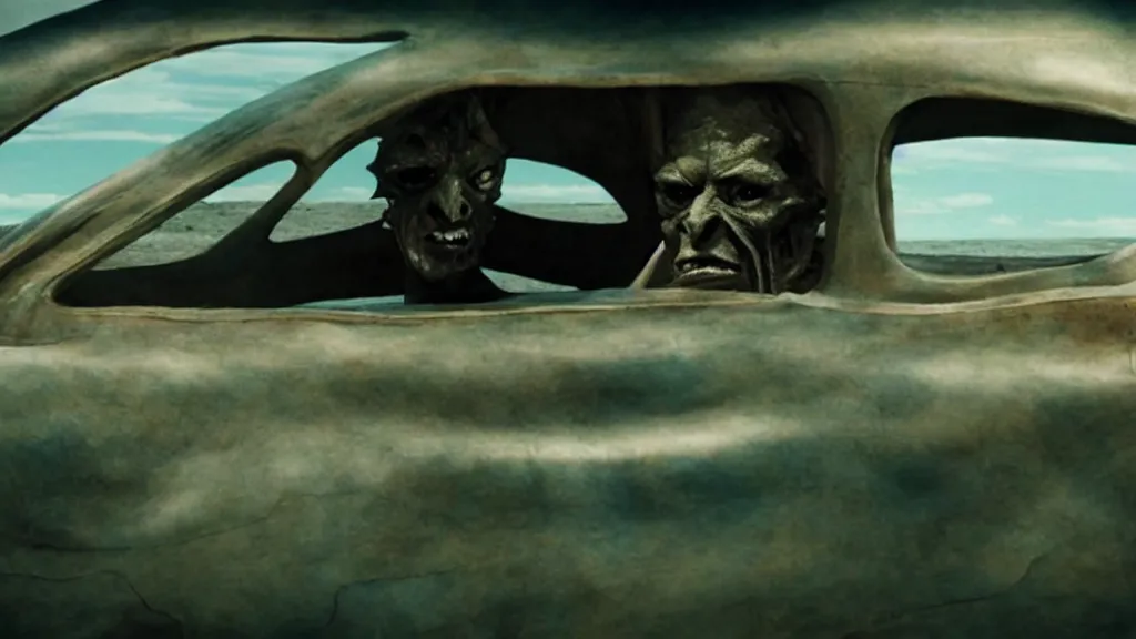 Prompt: the creature drives a hot rod, made of wax and water, film still from the movie directed by Denis Villeneuve with art direction by Salvador Dalí, wide lens