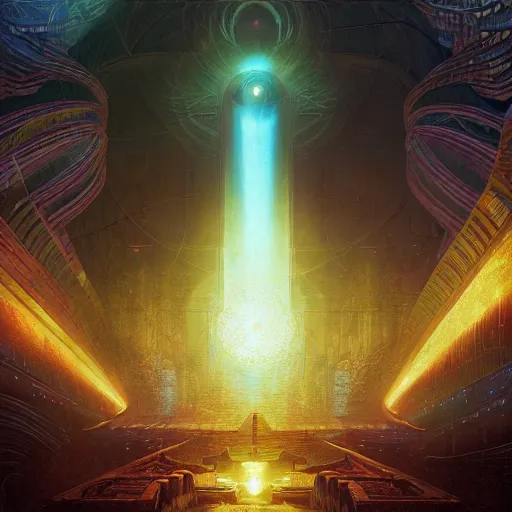 Prompt: the god is dead by barclay shaw, andreas rochas, dan mumford and craig mullins and killian eng. 8 k, intricate details, illustration, dynamic lighting, unreal engine, featured on artstation, soft glow, volumetric lighting