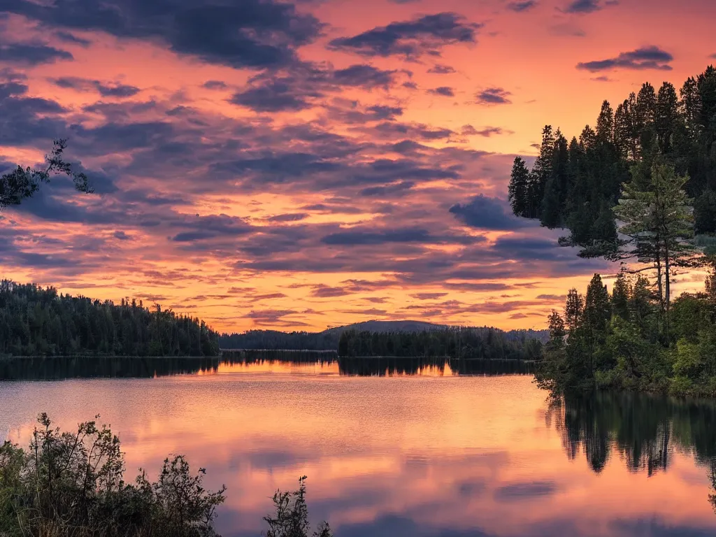 Image similar to a calm, soothing and cozy landscape, sunset, lake