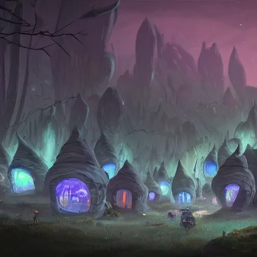 Image similar to concept art painting of a fantasy alien nighttime landscape of houses made of fungus, with glowing blue lights, glowing blue mushrooms, dark purple sky, realistic, detailed, cel shaded, in the style of makoto shinkai and greg rutkowski and albert bierstadt and james gurney